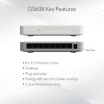 Netgear GS608: Conmutador Switch Gigabit Ethernet No Administrado de 8 Puertos, Plug-and-Play, 10/100/1000 Mbps y Diseño Silencioso - Imagen 2