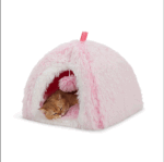 Cama estilo cabaña para gatos con forma de pirámide de pelo rosa degradado Whisker City